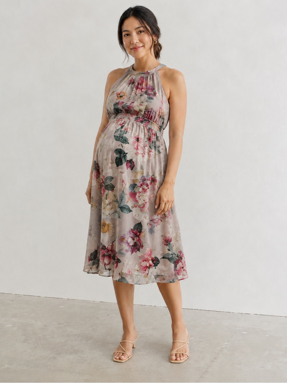H&M Maternity Taupe Pink Floral Halter Midi Dress